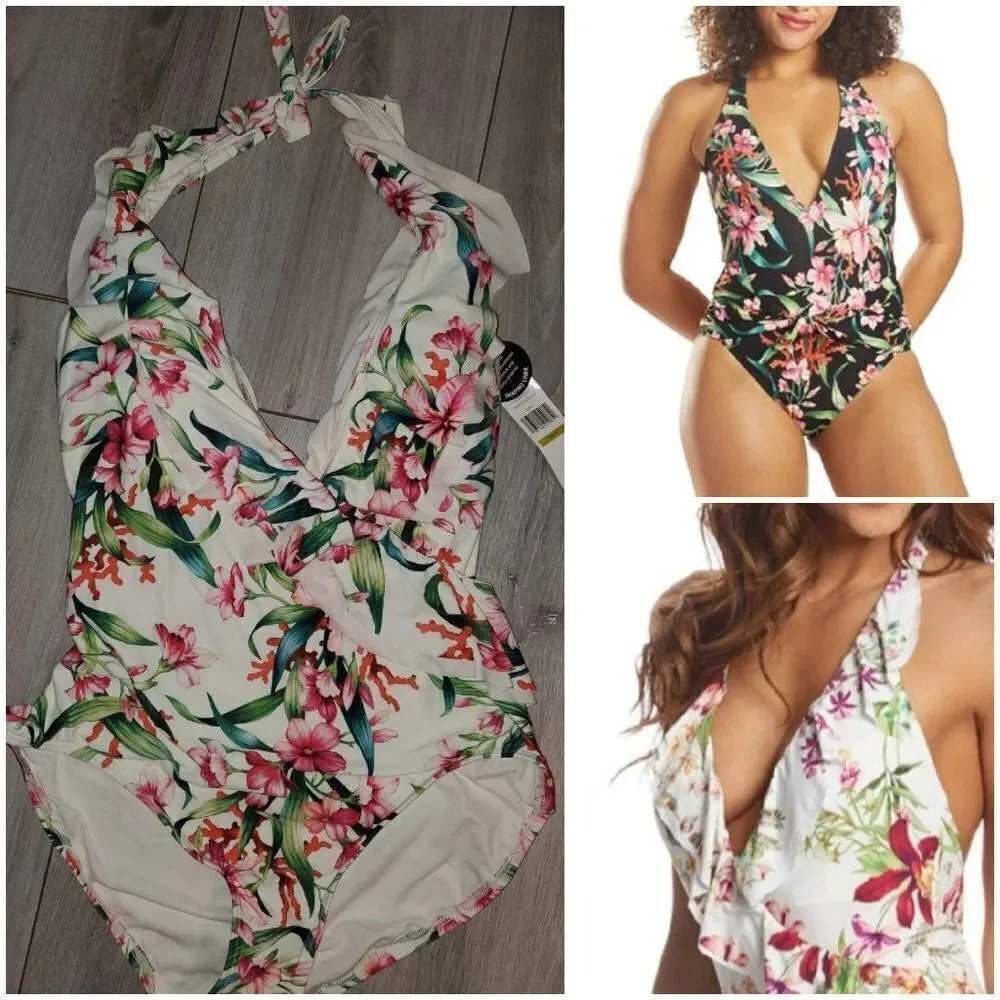 Carmen Marc valvo ruffle floral plunge Swimsuit Swimwear sz 14